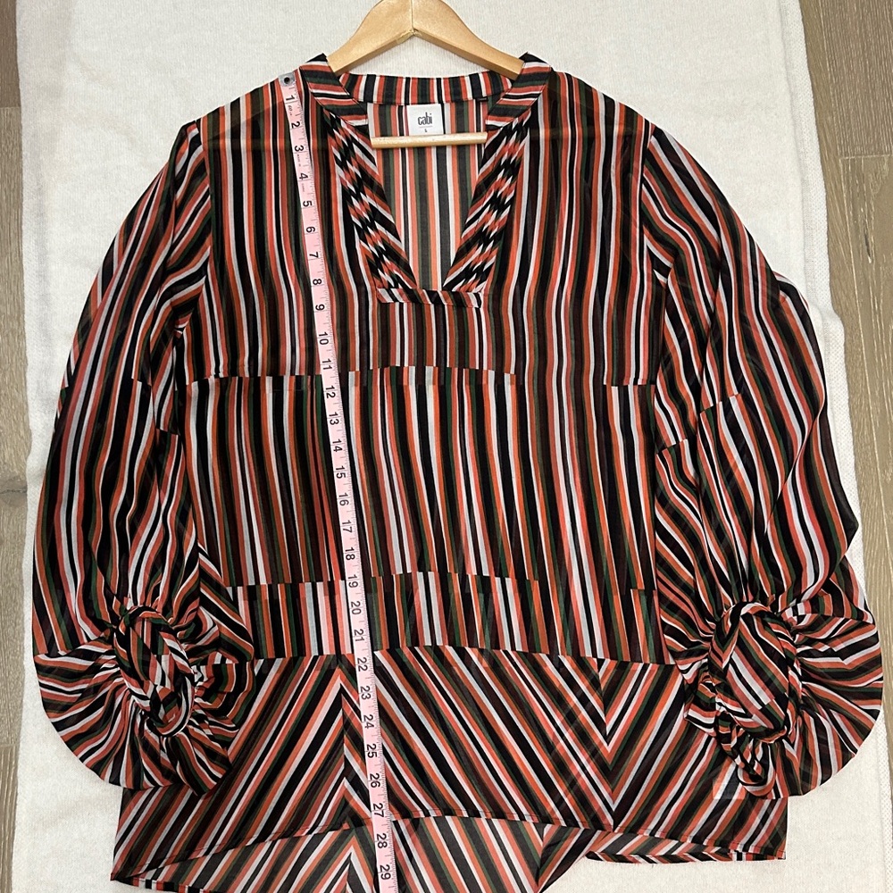 CAbi long sleeved, v-neck, striped sheer pullover‎ blouse. Navy, red, green. - Picture 8 of 12